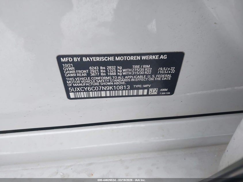 2022 BMW X6 xDrive40I VIN: 5UXCY6C07N9K10813 Lot: 44626534