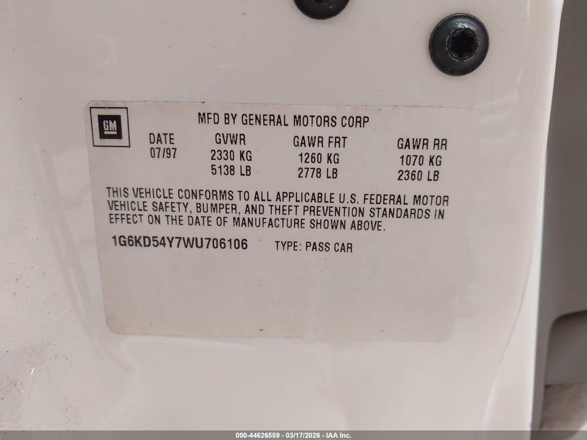 1998 Cadillac Deville Standard VIN: 1G6KD54Y7WU706106 Lot: 44626559