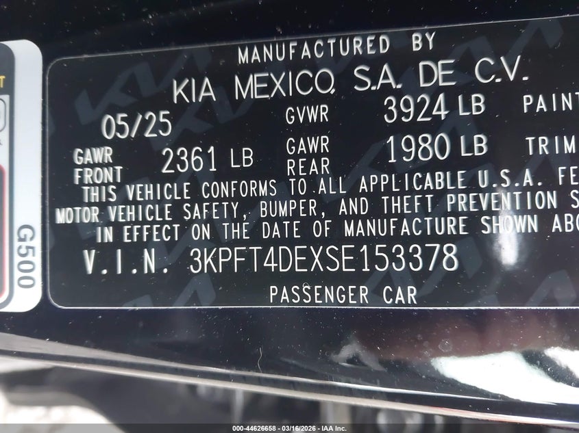 2025 Kia K4 Lxs VIN: 3KPFT4DEXSE153378 Lot: 44626658