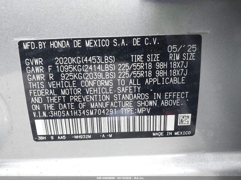 2025 Acura Adx VIN: 3HDSA1H34SM704291 Lot: 44626669