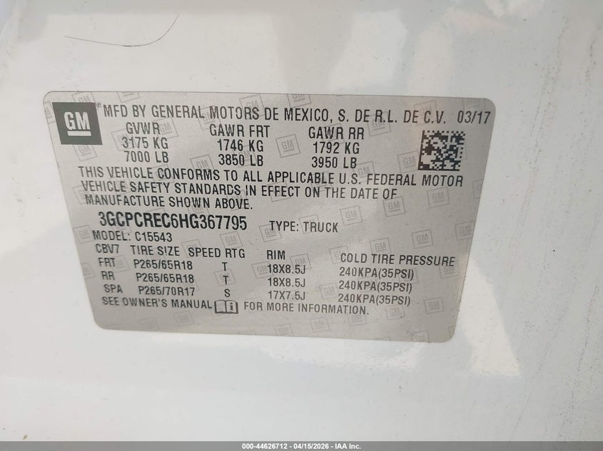 2017 Chevrolet Silverado 1500 1Lt VIN: 3GCPCREC6HG367795 Lot: 44626712