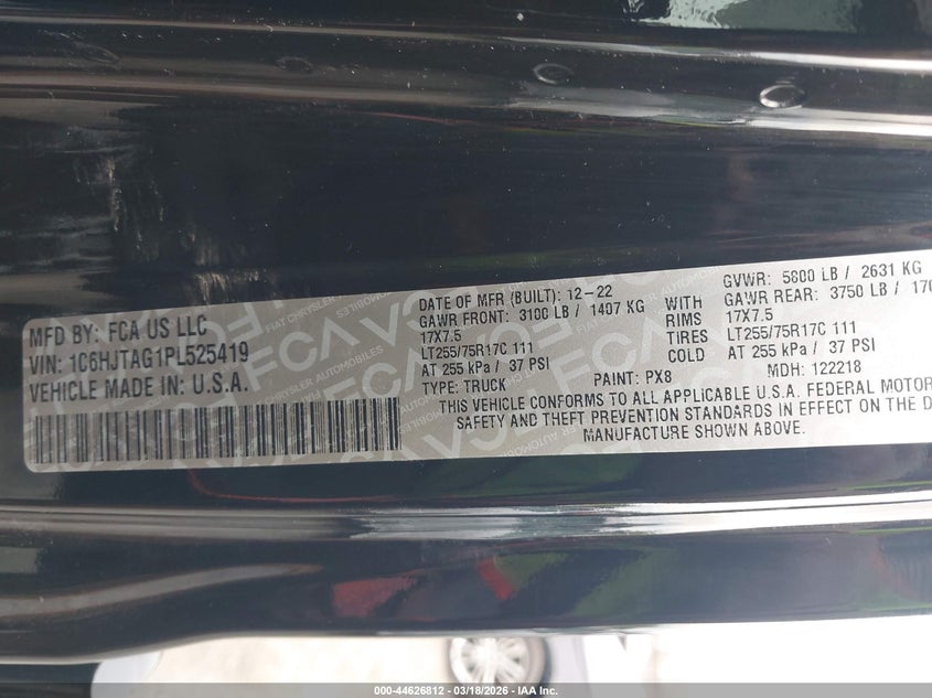 2023 Jeep Gladiator Willys 4X4 VIN: 1C6HJTAG1PL525419 Lot: 44626812