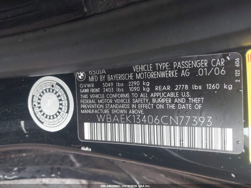 2006 BMW 650I VIN: WBAEK13406CN77393 Lot: 44626964