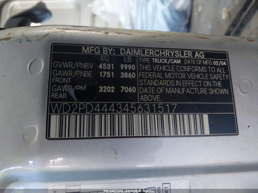 2004 Dodge Sprinter Van 3500 High Roof VIN: WD2PD444345631517 Lot: 44627202