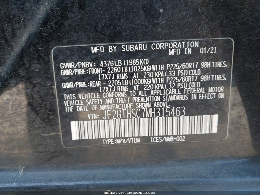 2021 SUBARU CROSSTREK 2.5L H-4 DI, DOHC, V(VIN: JF2GTHSC7MH315463