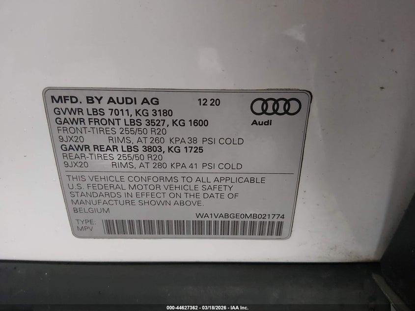 2021 Audi E-Tron Prestige Quattro VIN: 0WA1VABGE0MB02177 Lot: 44627362