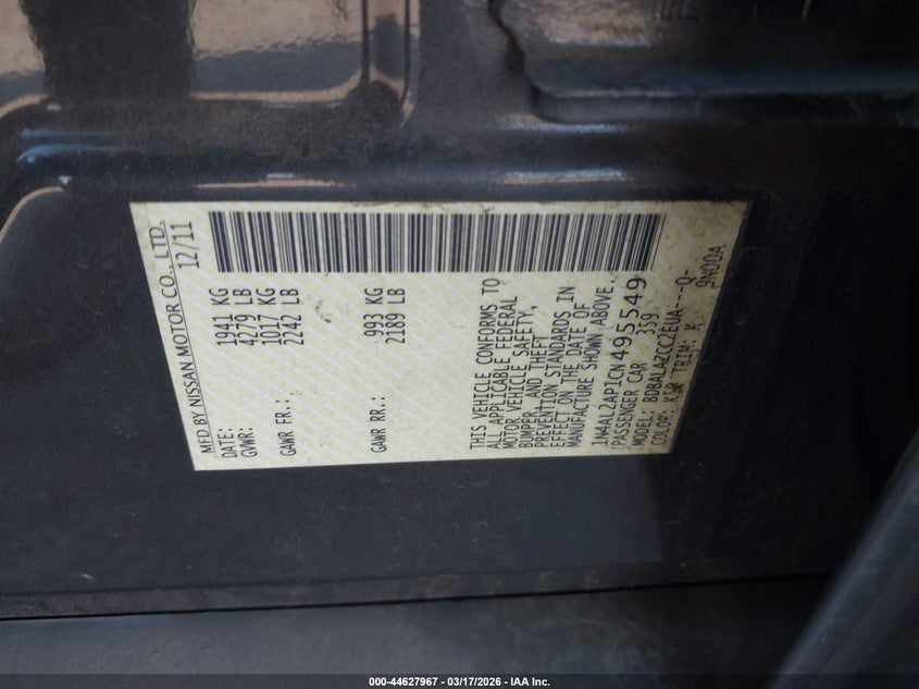 2012 NISSAN ALTIMA SEDAN 2.5L I-4 DOHC, VVT, 175HP