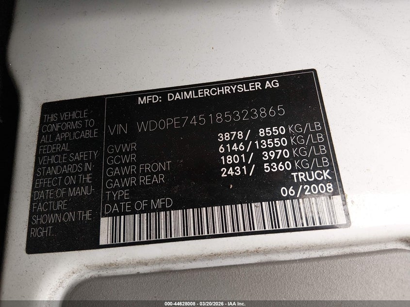 2008 Dodge Sprinter Van 2500 VIN: WD0PE745185323865 Lot: 44628008