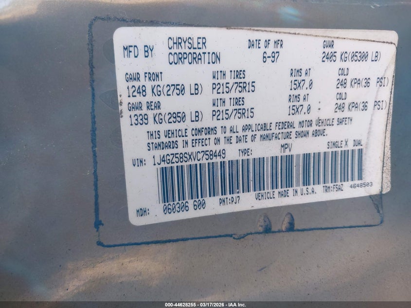 1997 Jeep Grand Cherokee Laredo/Tsi VIN: 1J4GZ58SXVC758449 Lot: 44628255