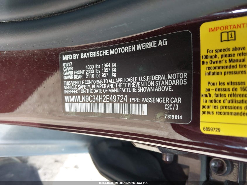 2017 Mini Clubman Cooper S VIN: WMWLN9C34H2E49724 Lot: 44628389