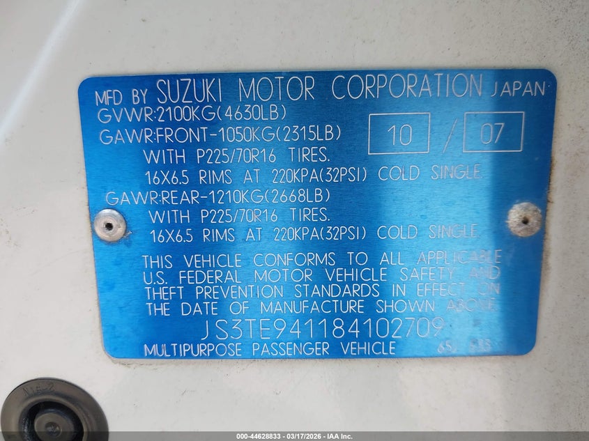 2008 Suzuki Grand Vitara Appearance/Appearance + VIN: JS3TE941184102709 Lot: 44628833