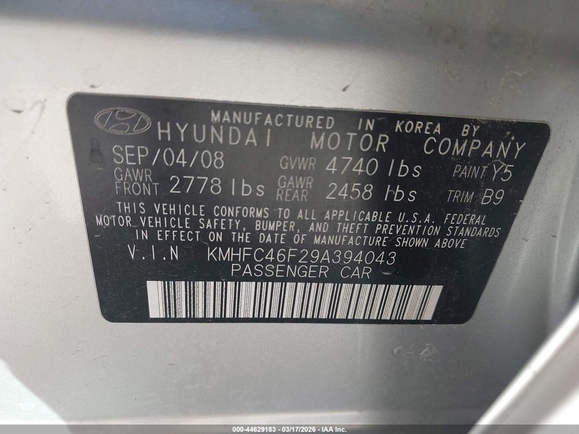 2009 Hyundai Azera Limited VIN: KMHFC46F29A394043 Lot: 44629183