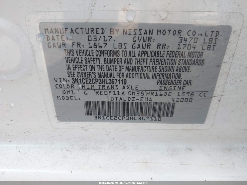 VIN 3N1CE2CP3HL367110 2017 NISSAN VERSA NOTE SV