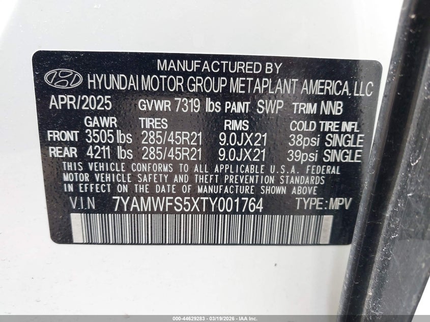 2026 Hyundai Ioniq 9 Performance Limited VIN: 7YAMWFS5XTY001764 Lot: 44629283