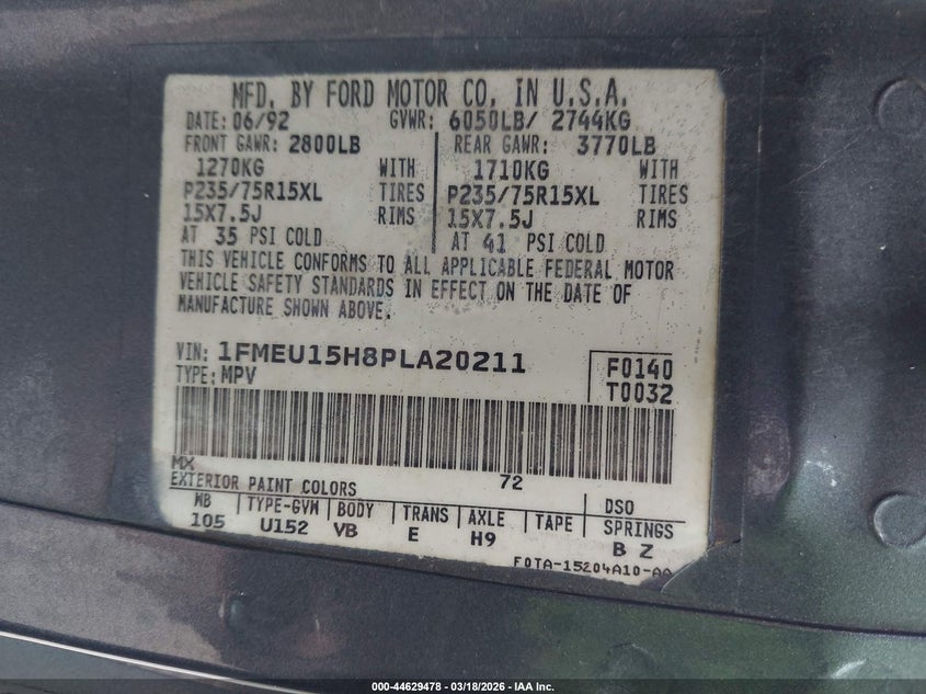 1993 Ford Bronco U100 VIN: 1FMEU15H8PLA20211 Lot: 44629478