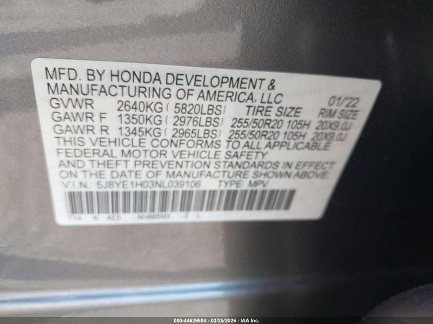 2022 Acura Mdx A-Spec Package VIN: 5J8YE1H03NL039106 Lot: 44629504