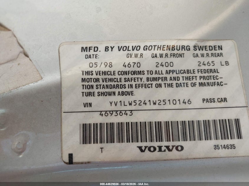 1998 Volvo V70 R VIN: YV1LW5241W2510146 Lot: 44629556