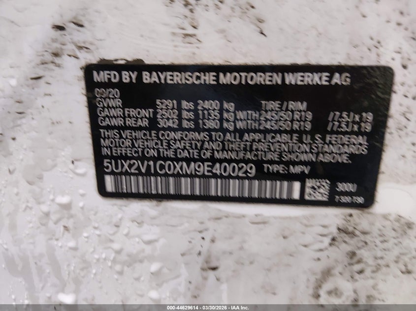 2021 BMW X4 xDrive30I VIN: 5UX2V1C0XM9E40029 Lot: 44629614