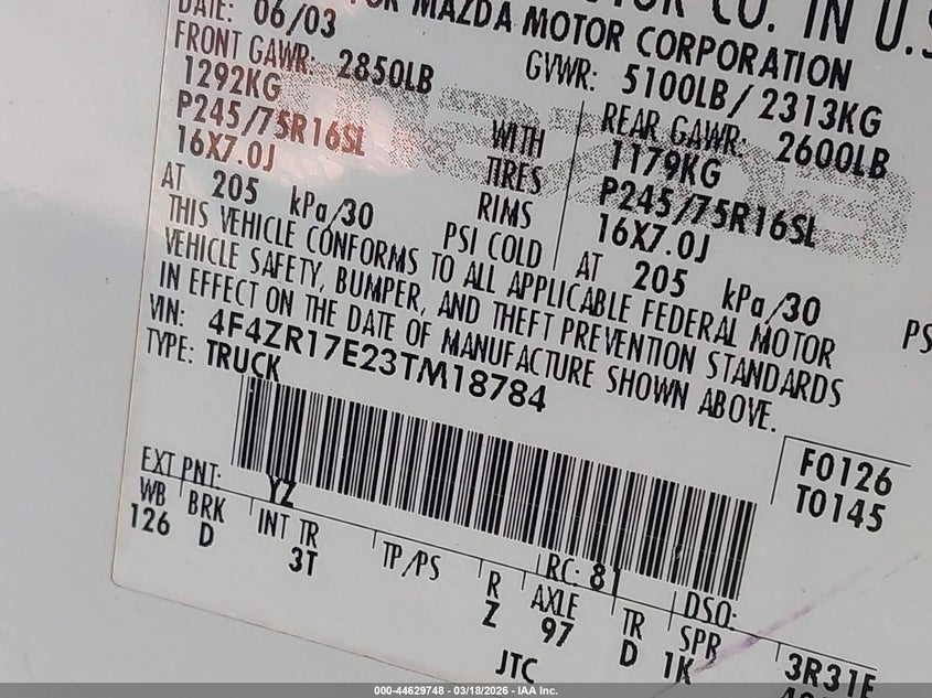 2003 Mazda B4000 Se VIN: 4F4ZR17E23TM18784 Lot: 44629748