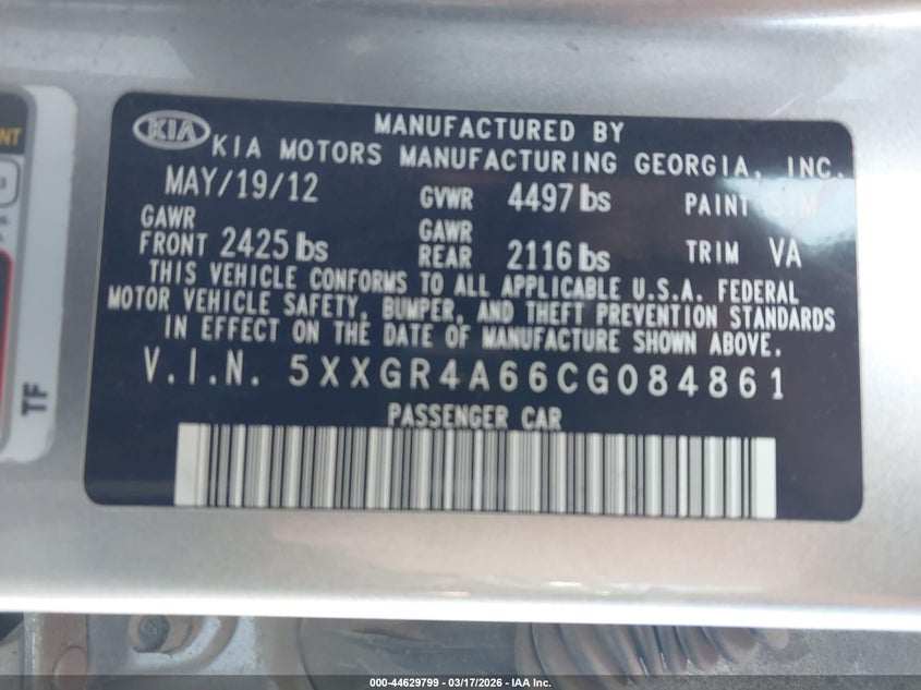 2012 Kia Optima 2.0 Sx silver Lot 111044629799 Vin 5XXGR4A66CG084861