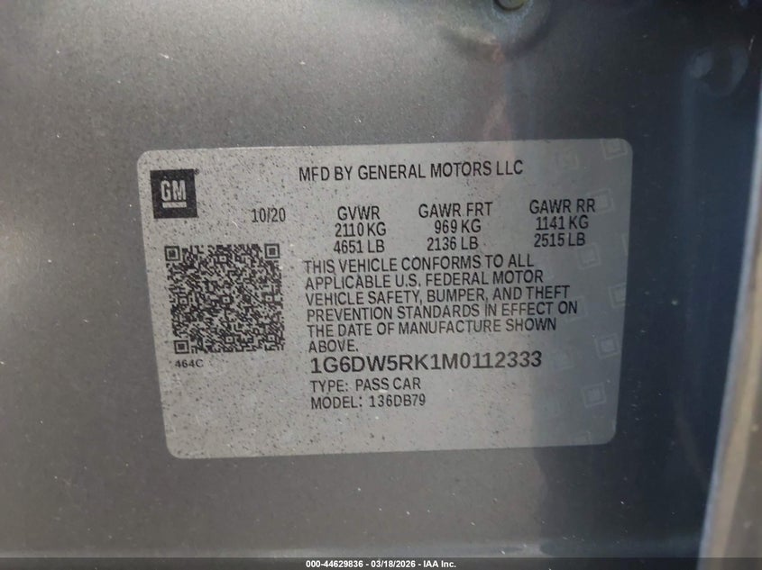 2021 Cadillac Ct5 Luxury VIN: 1G6DW5RK1M0112333 Lot: 44629836