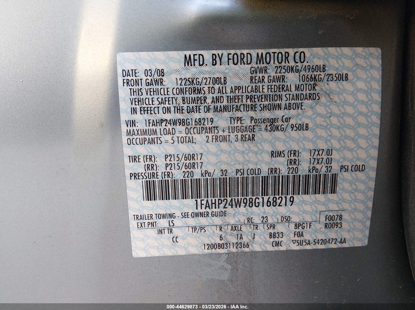 2008 Ford Taurus Sel VIN: 1FAHP24W98G168219 Lot: 44629873