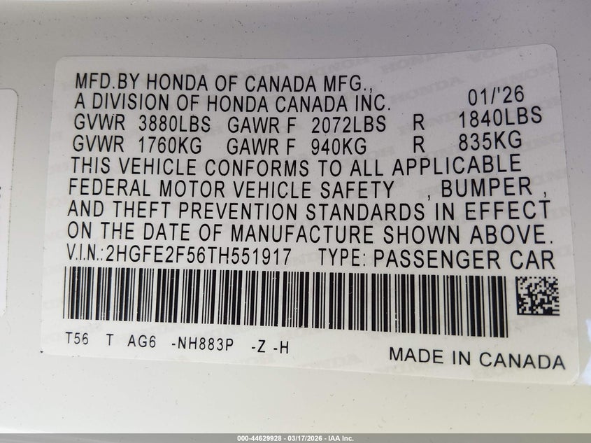 HONDA CIVIC 2026 VIN 2HGFE2F56TH551917