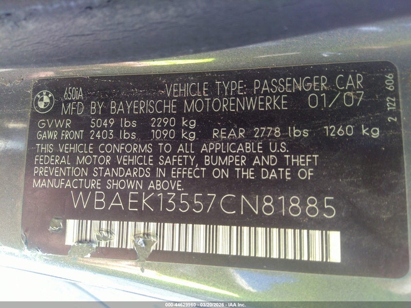 2007 BMW 650I VIN: WBAEK13557CN81885 Lot: 44629960