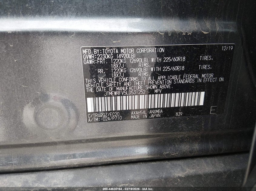 VIN JTMEWRFV5LD531252 2020 TOYOTA RAV4 HYBRID XSE