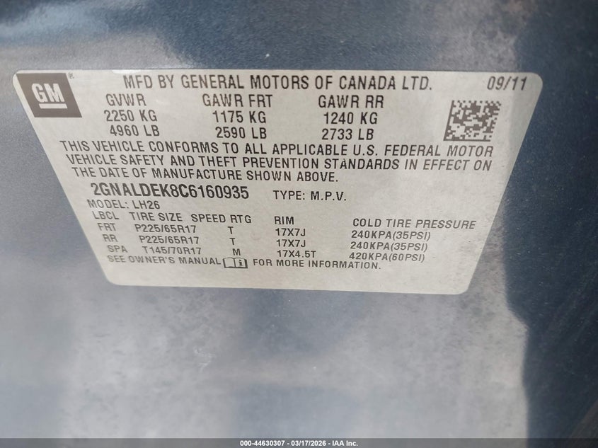 2012 CHEVROLET EQUINOX SPORT UTILITY VEHICLE 2.4L I-4 DI, DOHC, VVT, 182HP