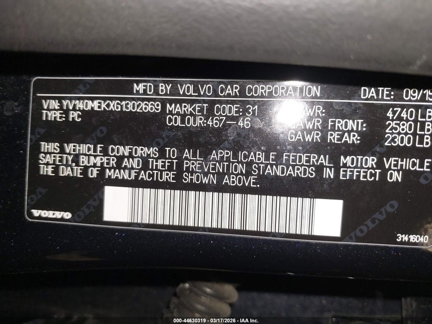 2016 Volvo V60 T5 Drive-E Premier VIN: YV140MEKXG1302669 Lot: 44630319