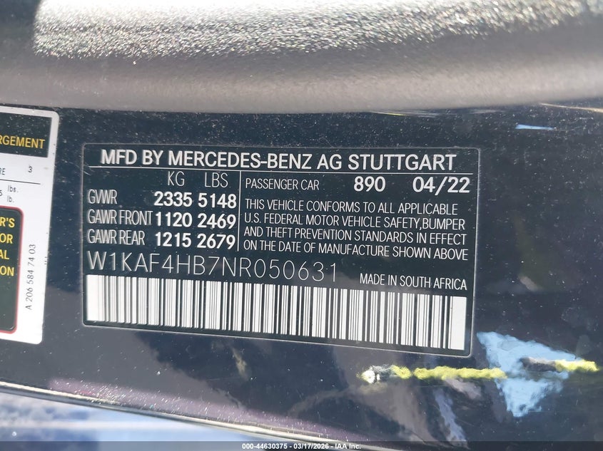 2022 Mercedes-Benz C 300 4Matic VIN: W1KAF4HB7NR050631 Lot: 44630375