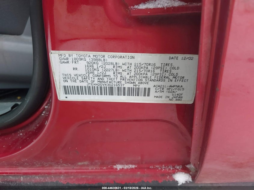 2003 Toyota Rav4 VIN: JTEHH20VX30216537 Lot: 44630631