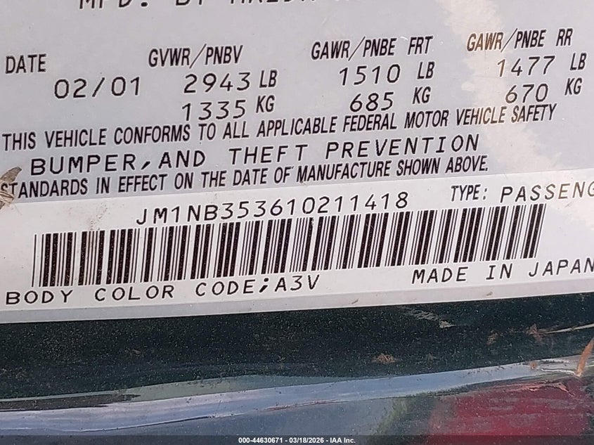 2001 Mazda Mx-5 Miata Ls/Special Edition VIN: JM1NB353610211418 Lot: 44630671