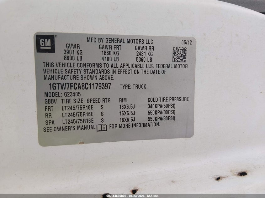 2012 GMC Savana 2500 Work Van VIN: 1GTW7FCA8C1179397 Lot: 44630806