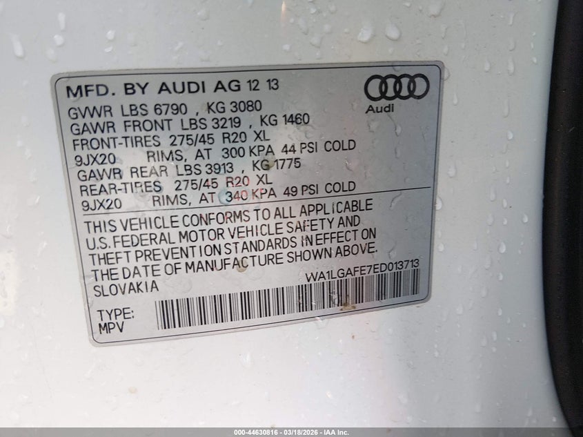 2014 Audi Q7 3.0T Premium VIN: WA1LGAFE7ED013713 Lot: 44630816