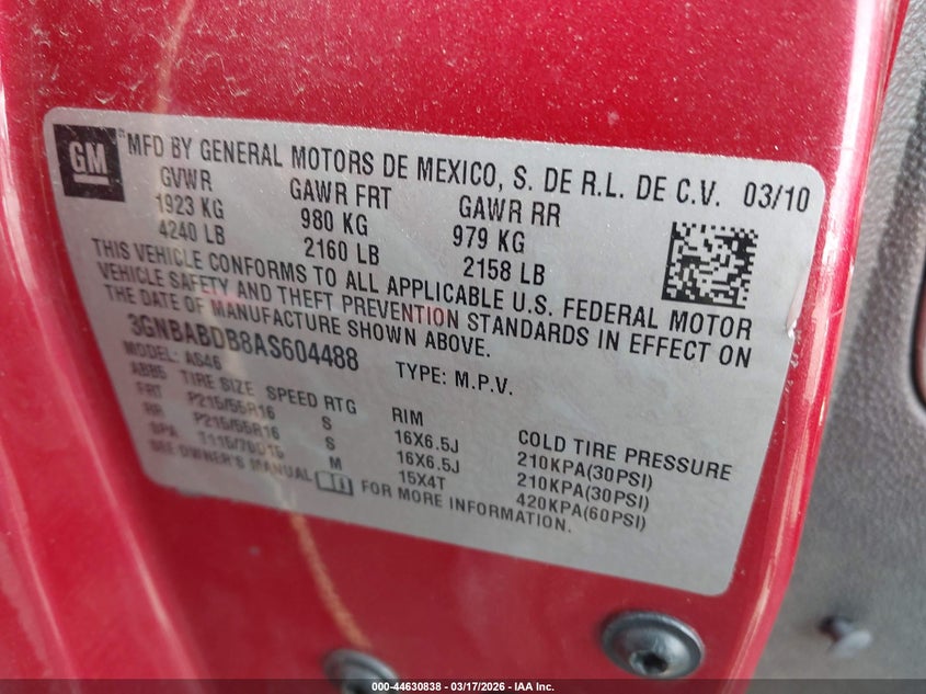 2010 Chevrolet Hhr Lt VIN: 3GNBABDB8AS604488 Lot: 44630838