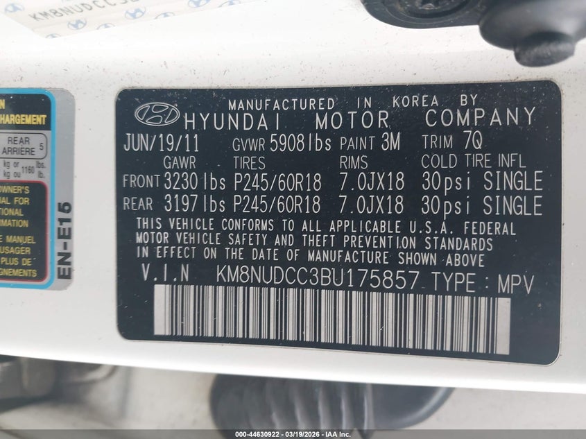 2011 Hyundai Veracruz Limited VIN: KM8NUDCC3BU175857 Lot: 44630922