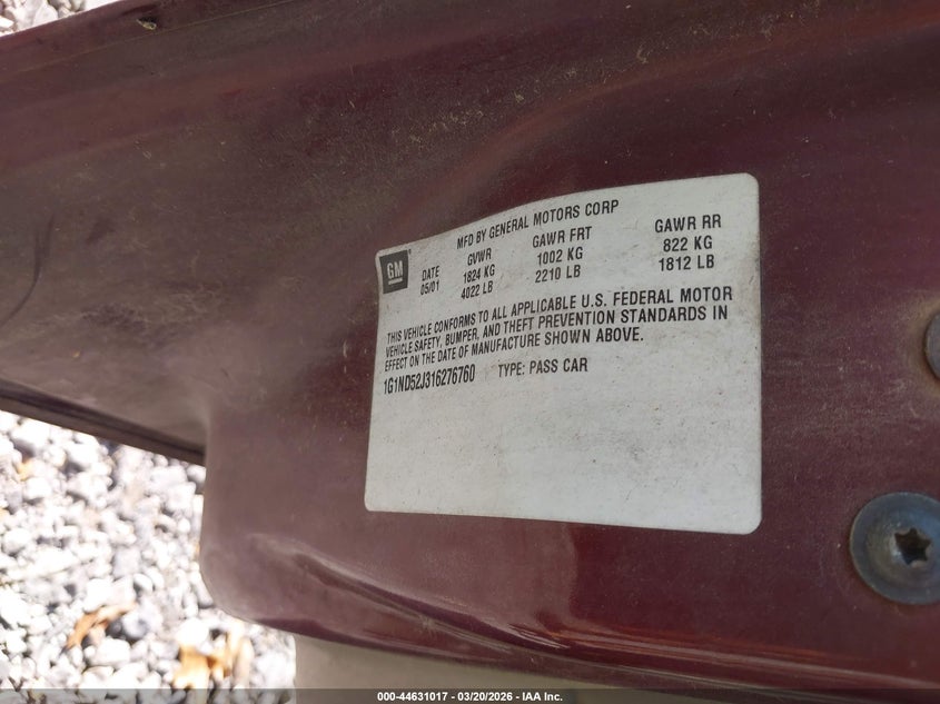 2001 Chevrolet Malibu VIN: 1G1ND52J316276760 Lot: 44631017