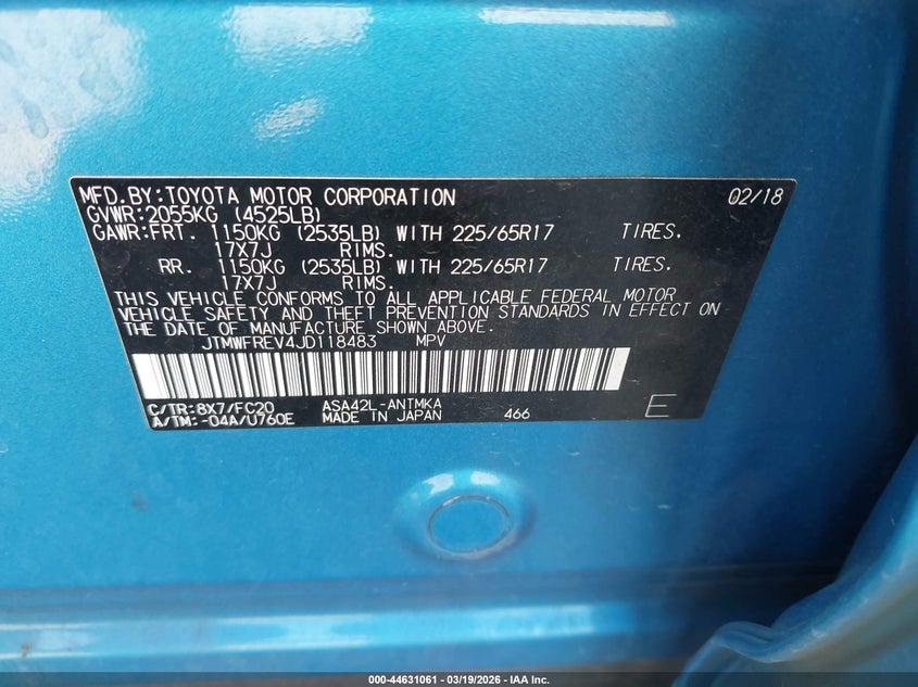 VIN JTMWFREV4JD118483 2018 TOYOTA RAV4 XLE