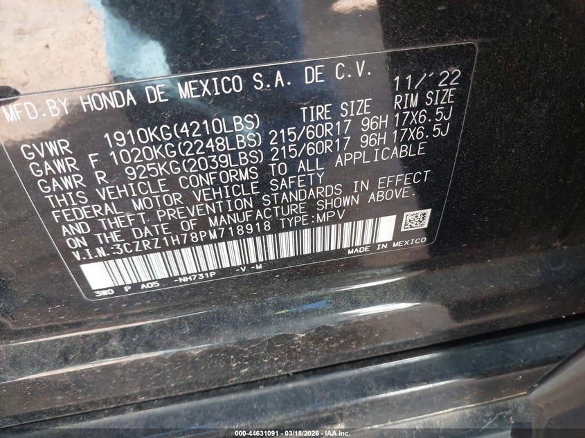 VIN 3CZRZ1H78PM718918 2023 HONDA HR-V 2WD EX-L