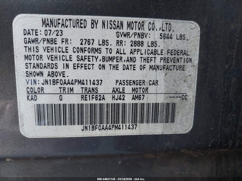 2023 Nissan Ariya Venture+ VIN: JN1BF0AA4PM411437 Lot: 44631145