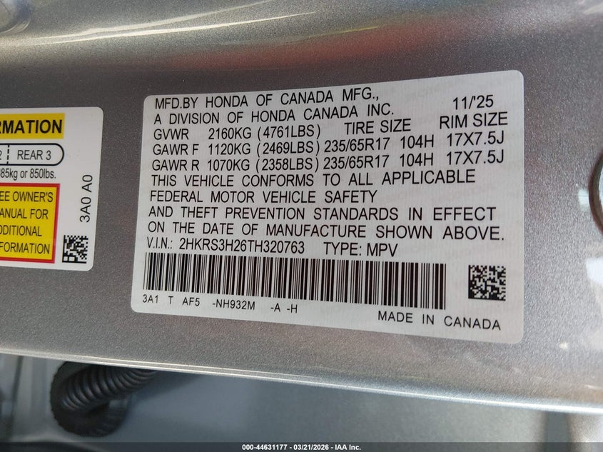 2026 HONDA CR-V 1.5L I-4 DI, DOHC, V(VIN: 2HKRS3H26TH320763