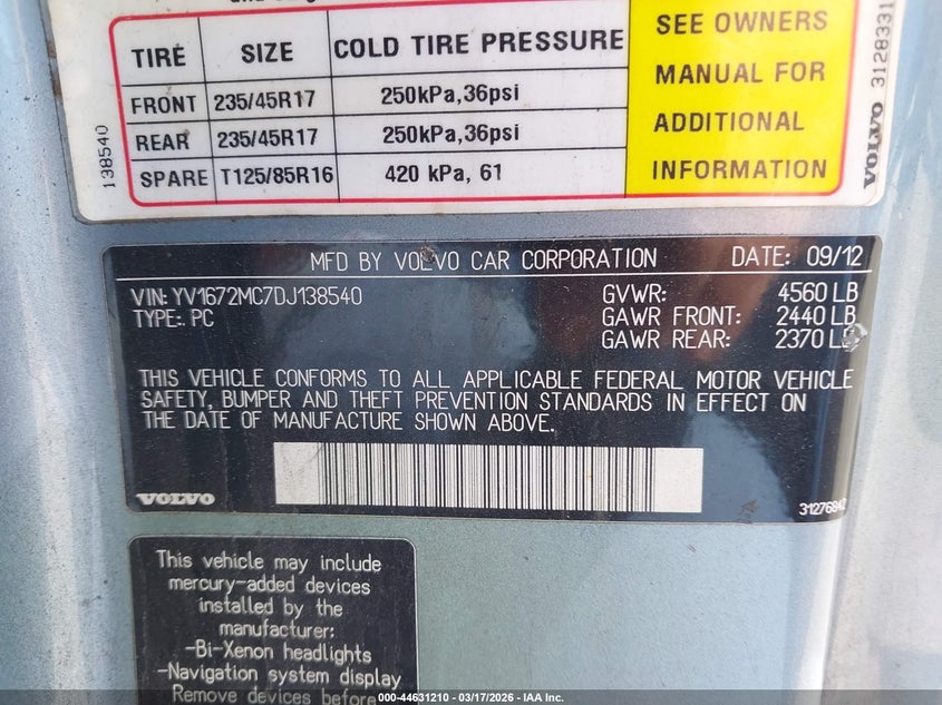 2013 Volvo C70 T5/T5 Platinum/T5 Premier Plus VIN: YV1672MC7DJ138540 Lot: 44631210