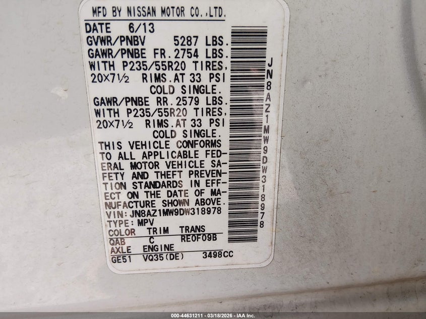 2013 Nissan Murano Le VIN: JN8AZ1MW9DW318978 Lot: 44631211