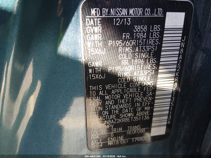 2014 Nissan Cube 1.8 S VIN: JN8AZ2KR8ET351136 Lot: 44631380