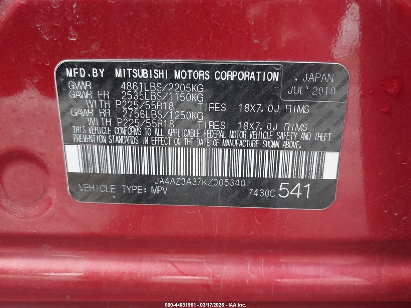 2019 Mitsubishi Outlander Sel VIN: JA4AZ3A37KZ005340 Lot: 44631961