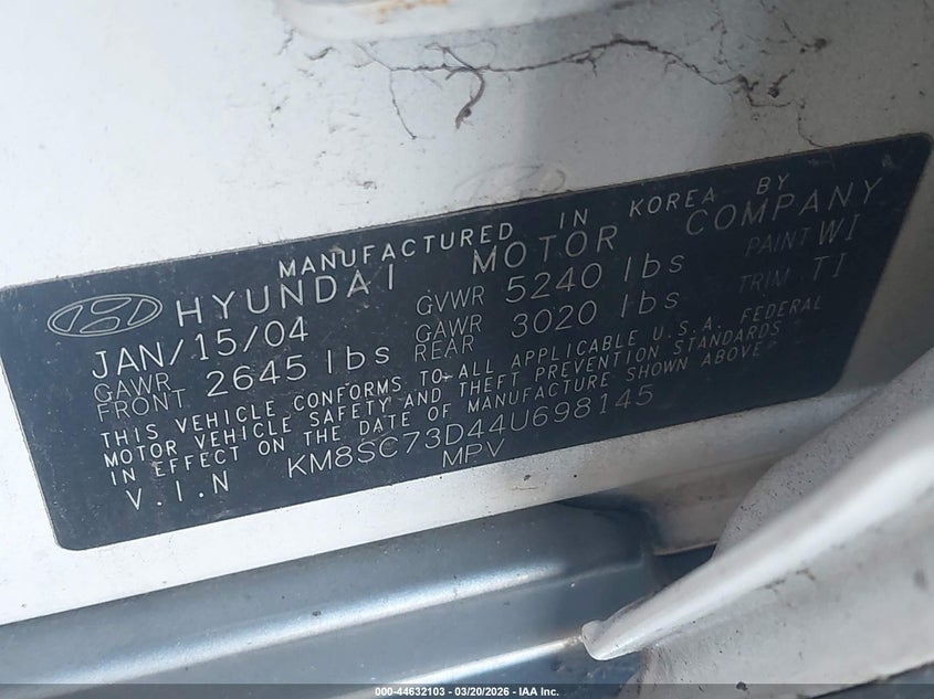 2004 Hyundai Santa Fe Gls VIN: KM8SC73D44U698145 Lot: 44632103