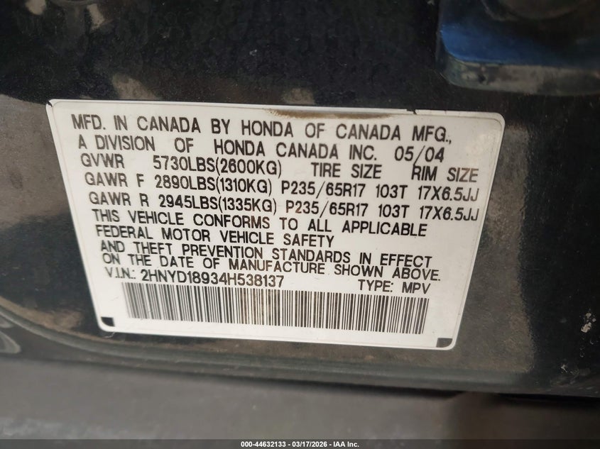 2004 Acura Mdx VIN: 2HNYD18934H538137 Lot: 44632133