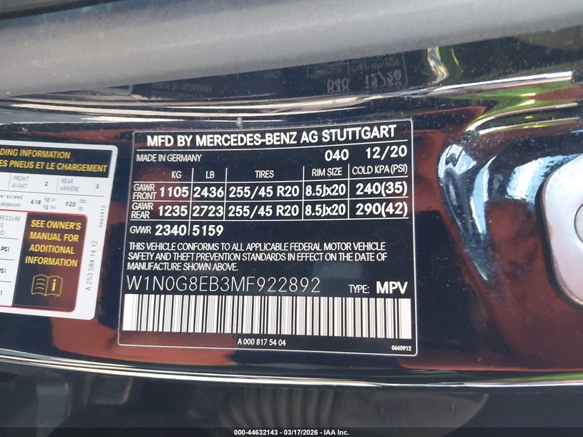 2021 Mercedes-Benz Glc 300 4Matic Suv VIN: W1N0G8EB3MF922892 Lot: 44632143